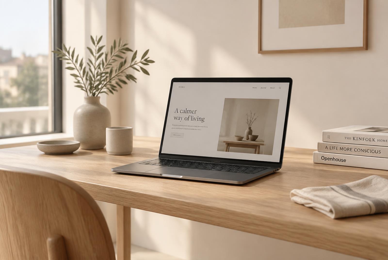Prémium skandináv design munkakörnyezet – laptop meleg tölgyfa asztalon